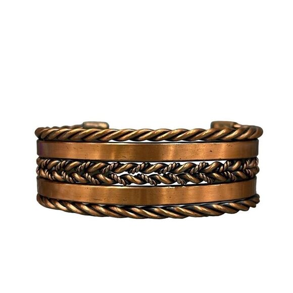 FIRM** Vintage Solid Copper Cuff Bracelet Unisex Arrow Pattern Thick Magnet - Picture 1 of 8